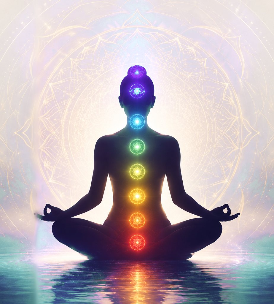 A seated figure with the seven chakras lit along the spine.